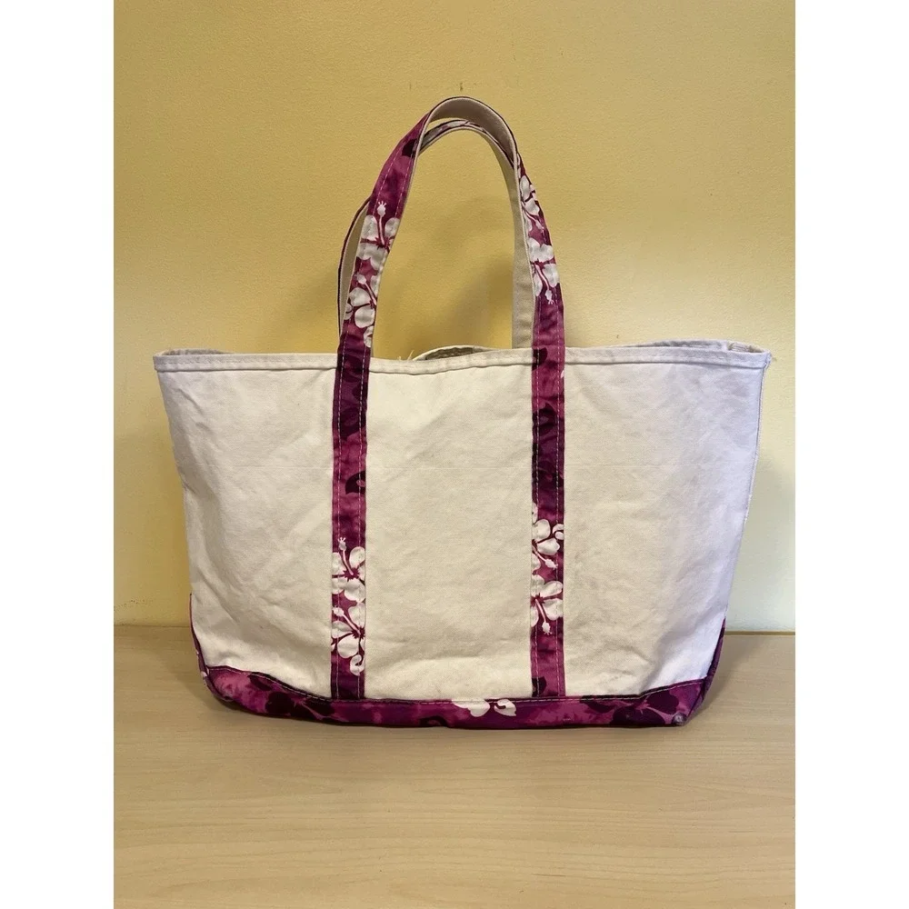LL Bean Boat & Tote Large Bag Purple Hibiscus Beach Vacay Vintage Rare READ